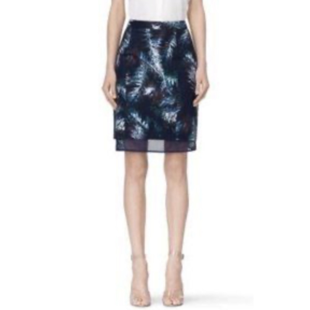 Club Monaco Alessandra Navy Palm Leaf Print Mesh-Trim Pencil Skirt